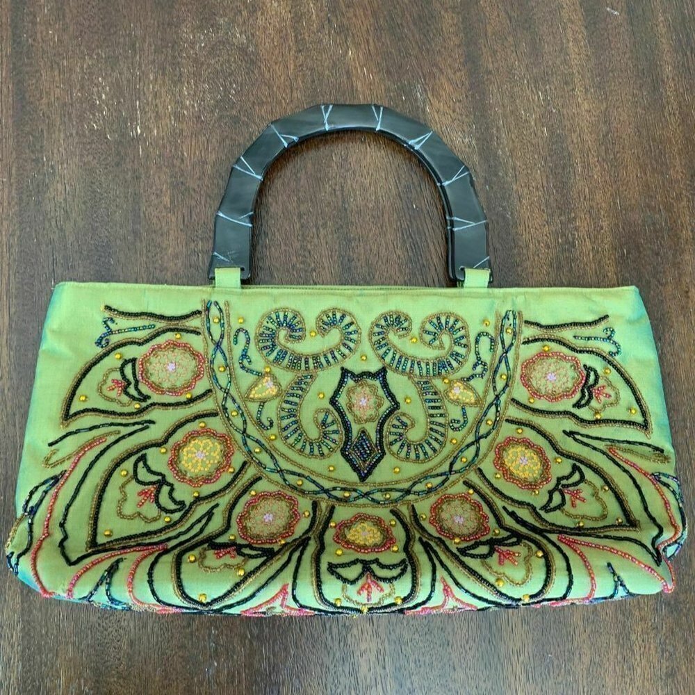 Beaded Handbag Green Fabric Multi Color Beads